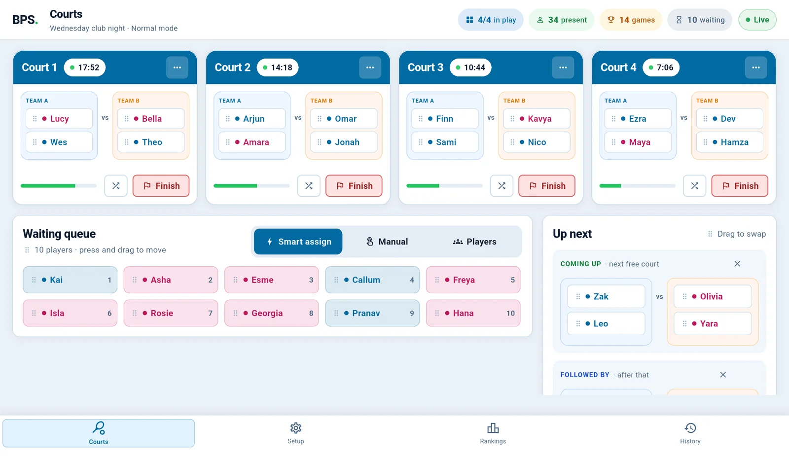 The BPS Courts screen on a tablet: four courts in play with teams and game timers, the waiting queue, and the Coming up and Followed by teams in Up next